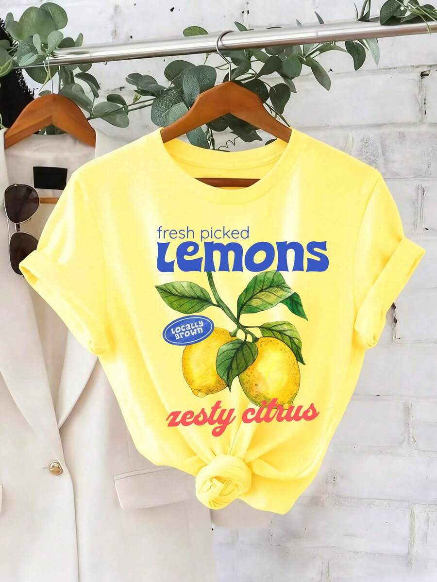 Calvaya 女士休闲柠檬印花圆领短袖T恤，水果图案，女士春夏上衣，女士春假上衣，100%纯棉，Y2K风格，街头服饰 - 黃色 - 查看 1