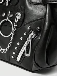 ROMWE Grunge Punk 金属环铆钉链条 Y2K 火车头单肩包 - 黑色 - 查看 4