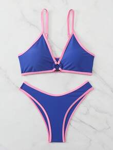 Swim Basics 女士夏季度假沙滩撞色滚边圆形环扣细肩带比基尼套装 - 彩色 - 查看 6