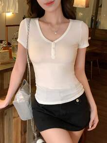 DAZY Women's Solid Color Button V-Neck Short Sleeve Casual T-Shirt Summer - Beige - View 2