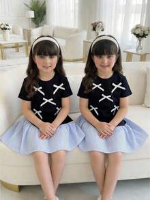 SHEIN Vestido casual de manga corta con parches y rayas en azul, estilo universitario - azul real - Ver 1