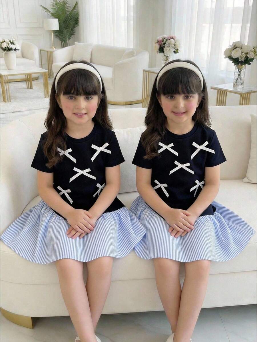 SHEIN Vestido casual de manga corta con parches y rayas en azul, estilo universitario - azul real - Ver 1