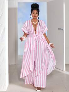 Maweii Ensemble cardigan rose rayé à nouer grande taille - Rose bonbon - Voir 2