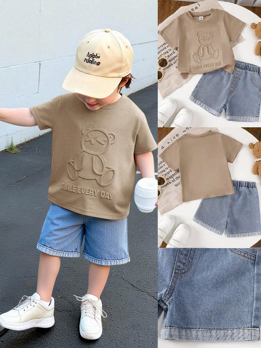 SHEIN 2pcs/Set Baby Boy Cute Cartoon Print Knit Short Sleeve T-Shirt & Elastic Waist Blue Shorts Set, Summer - Khaki - View 1
