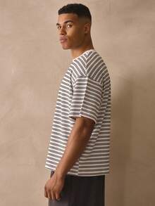 Musero Crew Neck Contrast Stripe Short Sleeve Dropped Shoulder Tshirt Top Spring Summer Essentials - Black and White - View 3