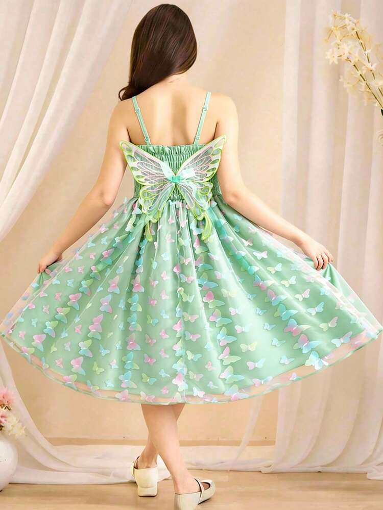 Sparklyn 1 pieza Vestido de tirantes para niñas con bordado de mariposa, falda de malla con degradado ombre, decoración de mariposa en la espalda, cómodo y alegre para exteriores, viajes, verano Moda nueva 2026 - Verde - Añade 3
