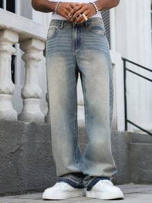 Manfinity EMRG Quần jeans nam dáng suông, thiết kế tối giản, phong cách vintage, kiểu dáng thường ngày, chất liệu wash nhẹ. - Rửa trung bình - Xem 5