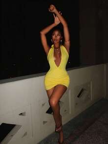 EgrlEra Women's Fashionable Deep V-Neck Yellow Knit Dress - Yellow - View 6