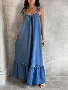 Sunnyshic 女士休闲牛仔连衣裙，适合度假和外出穿着 - 藍色 - 查看 3