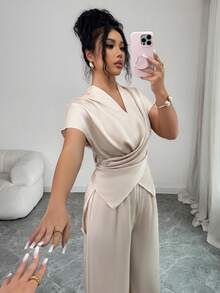 SHEIN Elenzya 女士香槟色丝滑V领褶皱复古系带修身上衣，喇叭袖，搭配高腰阔腿裤两件套，优雅职业装 - 香檳色 - 查看 8