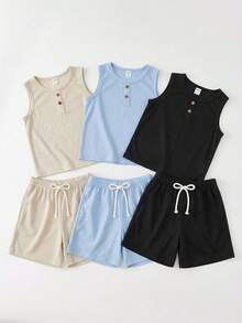SHEIN 6 pièces Ensemble 2 pièces haut sans manches col rond et shorts pour enfants garçons, décontracté. Polyvalent pour l'école, le jardin, la plage, les anniversaires, le printemps/été/automne/hiver. Hauts assortis, ensembles de tenues pour garçons, ensembles de tenues pour adolescentes filles, hauts d'école, t-shirts pour enfants garçons - Multicolore - Voir 3
