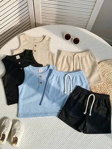 SHEIN 6 pièces Ensemble 2 pièces haut sans manches col rond et shorts pour enfants garçons, décontracté. Polyvalent pour l'école, le jardin, la plage, les anniversaires, le printemps/été/automne/hiver. Hauts assortis, ensembles de tenues pour garçons, ensembles de tenues pour adolescentes filles, hauts d'école, t-shirts pour enfants garçons - Multicolore - Voir 12