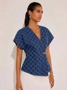 COSMINA Women's Elegant V-Neck Cinched Waist Drop Shoulder Jacquard Denim Blouse, Suitable For Commuting, Office, And Everyday Wear In Early Spring,  Tops For Women,  Ladies Smart Tops,  New Arrivals Tops Women,  Tops To Wear With Jeans Women,  Blouses For Women - Medium Wash - View 4