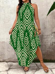 EMERY ROSE Plus Size Minimalist Printed Sleeveless Dress - Green - View 7