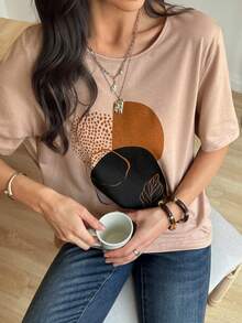 Livesso 女士宽松圆领印花卡其色T恤衫（夏季款） - 卡其色 - 查看 1