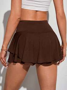 SHEIN Tall Women's Solid Color Ruffle Hem Skort, Tall Women - Brown - View 2