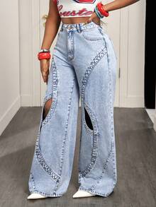 BamGleam Fashionable Casual Cutout Design Wide Leg Jeans For Women - Blue - View 3