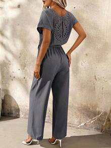 SHEIN Clasi Women's Casual Solid Color Backless Straight Jumpsuit, Summer - Dark Grey - View 3