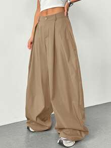 SHEIN Tall 女士夏季复古返校休闲嬉皮街头宽松黑色背带裤，高个秋冬款式 - 卡其色 - 查看 5