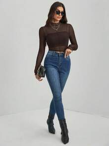 SHEIN Tall 女士立领网眼修身休闲长袖上衣 - 咖啡棕 - 查看 5