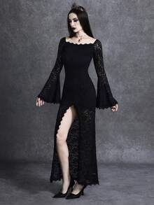 Glisette Gothic Style Lace Patchwork Long Sleeve Bodycon Dress, Slim Fit Elegant Dress For Women,Black Autumn Vampire Witchy Funeral Demon Party Night - Black - View 6