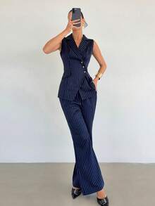 Siren Gaze Bộ đồ nữ màu xanh hải quân kẻ sọc, cổ chữ V, ve áo bất đối xứng, thiết kế một túi, gồm áo khoác và quần có túi, trang phục công sở thanh lịch, bộ đồ mùa hè màu xanh hải quân dành cho nữ, bộ vest nữ, bộ đồ thường ngày cho nữ, bộ đồ không tay. - Màu xanh hải quân - Xem 5