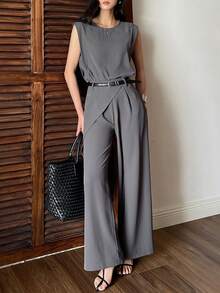 DAZY 女士纯色圆领背心和口袋休闲裤两件套夏季家居服套装 - 灰色 - 查看 4