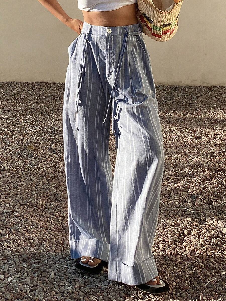 DAZY 女士休闲条纹宽松阔腿裤 - 藍色 - 查看 1