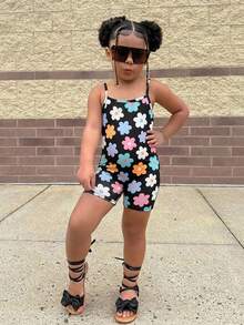 Young Girl Casual Everyday Floral Print Jumpsuit - Black - View 1