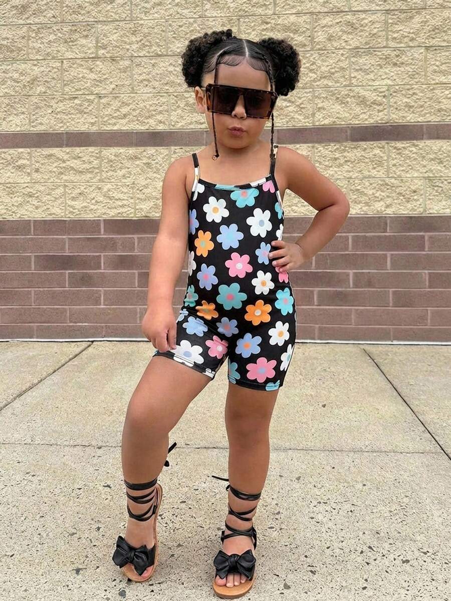 Young Girl Casual Everyday Floral Print Jumpsuit - Black - View 1
