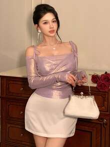 DAZY 春夏季粉色亮面情人節、婚禮、宴會、舞會禮服、時尚派對、修身、優雅、露肩、細肩帶、長袖女款外出上衣 - 淡紫色 - 查看 4