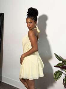 Tyla Gomez New Sexy Backless Solid Color Halter Deep V Asymmetrical Ruffle Hem Mini Dress, Spring/Summer Fairycore,Pastel Dresses For Women Party - Yellow - View 6