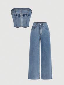 SHEIN MOD Damset med vardagsjeans, bandeautopp och vida byxor - Blå - Visa 2