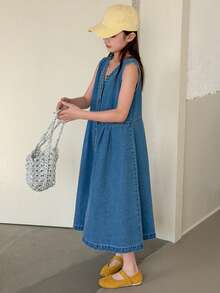 DAZY 少女V领单排扣休闲百搭日常牛仔连衣裙，返校季 - 藍色 - 查看 5
