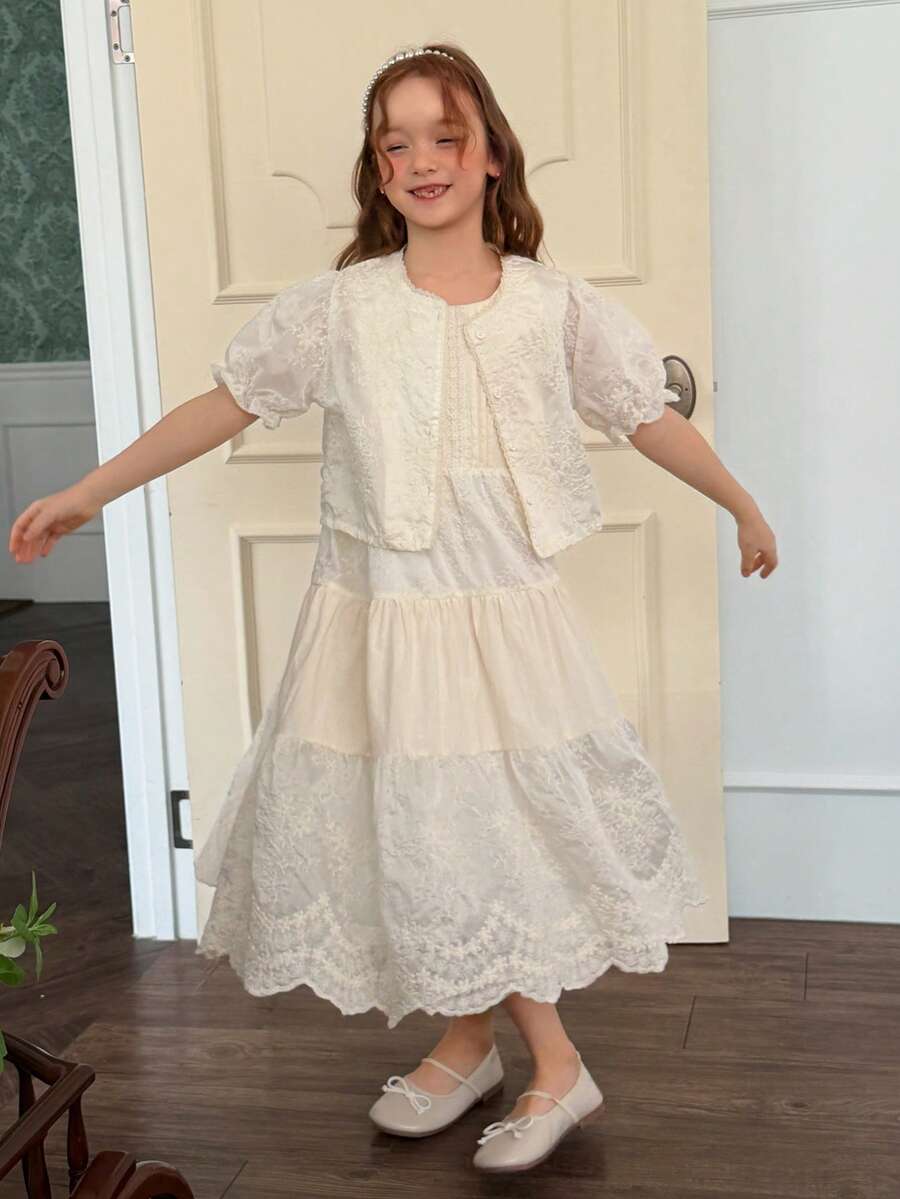 DAZY 女童花卉边饰外套连衣裙两件套，秋季 - 米色 - 查看 1