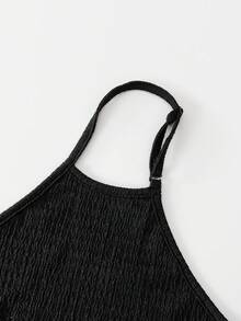 SHEIN 黑色少女长裙，质感面料，露肩吊带设计，流苏下摆，柔软面料，适合夏季穿着，褶皱修身剪裁，个性化吊带设计，适合日常/轻度社交场合，优雅不束缚，易于搭配和保养，打造甜美又酷炫的女孩造型 - 黑色 - 查看 6