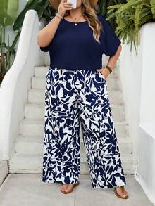 SHEIN CURVE+ Curve Size US22Music Festival, Seaside Vacation, Bohemia2pcs Women Vacation Loose Shirt And Ditsy Floral Pants Set Pants Set Summer Outfit, Summer Tops - Navy Blue - View 6