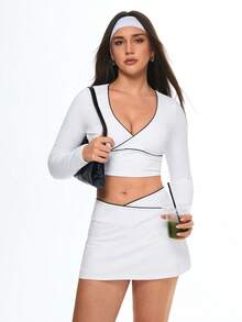 Eassivo Eassivo Women's Contrast Trim Criss-Cross Wrap Front Long Sleeve Fitted Breathable Sports Set - White - View 6