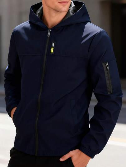 Manfinity Homme Men's Solid Color Hooded Zipper Pocket Casual Long Sleeve Jacket And Coat