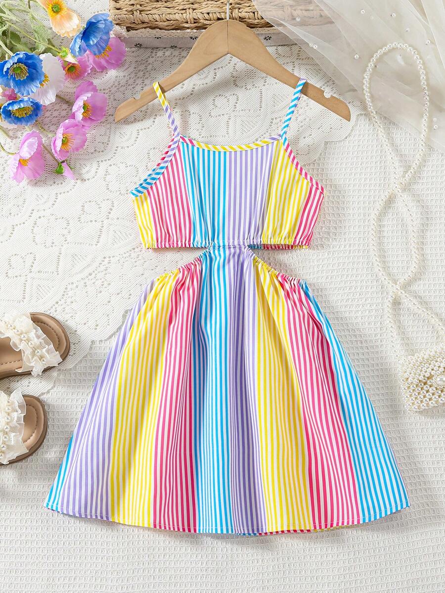 SHEIN Explorewe Young Girl' Multicolor Rainbow Striped Snug Fit Waist Strap Dress, Suitable For Daily Outings, Beach, Vacation - Multicolor - View 1