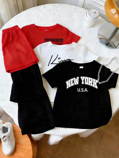 SHEIN 6pcs/Set Boys' Casual 3-Color Short Sleeve T-Shirt And 5-Inch Shorts, Summer