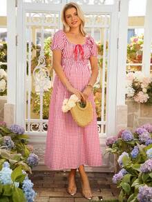 SHEIN 法式方领格纹高腰显瘦孕妇连衣裙 - 紅色 - 查看 3