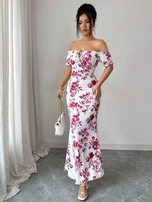 SHEIN Elenzya Women's Floral Print Ruffle Off-Shoulder Short Sleeve Tie Front Fitted Fishtail Hem Elegant Dress - Hot Pink - View 4
