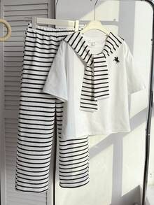 SHEIN Tween Girls Summer Horse Graphic Loose T-Shirt And Striped Pants Set - Black and White - View 6