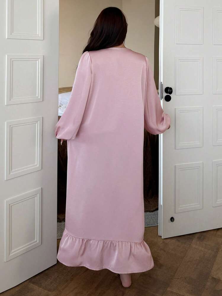 Dazy Plus Plus Size Women Contrast Lace Lantern Sleeve Single-Breasted Elegant Nightgown