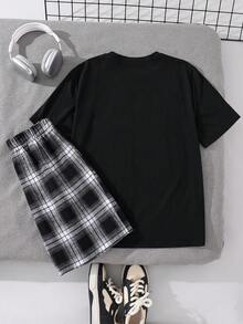 SHEIN 2pcs Baju Santai Kasual Lengan Pendek Katun Motif Kotak-kotak Huruf & Angka untuk Remaja Laki-laki, Cocok untuk Musim Semi & Musim Panas - MultiWarna - View 4