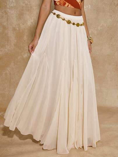 SHEIN BAE Chân váy voan màu sáng dáng suông dành cho nữ, có chun ở eo, thích hợp cho kỳ nghỉ biển, hẹn hò với bạn gái, du lịch biển thư giãn, chân váy trắng, chân váy thường ngày thanh lịch, chân váy đi nghỉ mát.