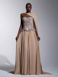 Elitara Elegant Luxurious Apricot Satin Beaded Sequin Embroidered Mesh Splice Elastic Knit Ruched Hanging Tassel Suitable For Wedding, Party, Vacation, Ball, Holiday Evening Dress - Apricot - View 7