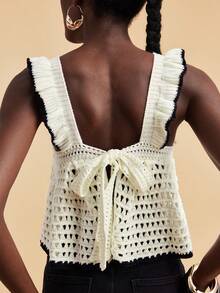 Travachic 女士夏季海滩度假风荷叶边露背系带开襟针织毛衣 - 黑與白 - 查看 3