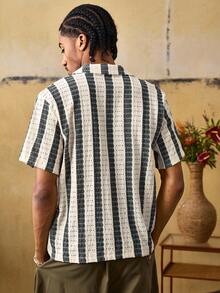 ROMWE MEN Men's Cuban Collar Striped Casual Vacation Shirt - Multicolor - View 3